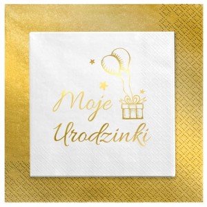 Serwetki białe napis Moje Urodzinki Stare złoto 24szt.