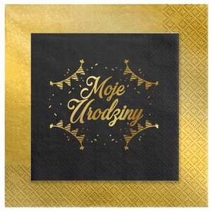 Serwetki czarne napis Moje Urodziny Stare złoto 24szt.