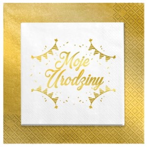 Serwetki białe napis Moje Urodziny stare złoto 24szt.