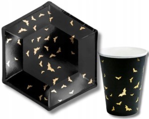 Zestaw Talerzyki Kubeczki czarny w złote nietoperze 12szt.