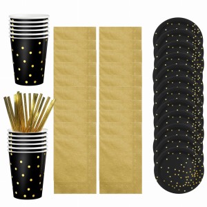 Kubeczki Talerzyki Czarny Złote Kropki Zestaw 64szt