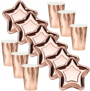 Zestaw Różowe Złoto Kubeczki Talerzyki gwiazdki Papierowe 12szt.