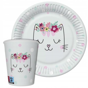 Zestaw urodzinowy komplet talerzyki kubeczki Kotek 16szt