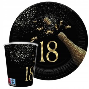 Zestaw czarne talerze kubeczki  na 18 Urodziny 16szt.