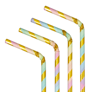 Słomki papierowe w paski pastelowo-złote 10 szt.