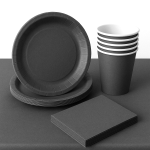 Zestaw Imprezowy Czarny - Talerze Kubeczki Serwetki Obrus