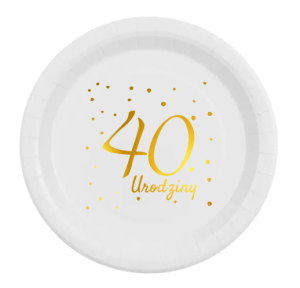 Talerz papierowy biały śr.23 cm "40 Urodziny" 6 szt.