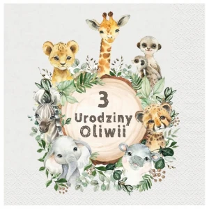 serwetki talerzyki personalizowane kubeczki zwierzątka safari zebra lew leo