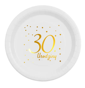 Talerz papierowy biały śr.23 cm "30 Urodziny" 6 szt.